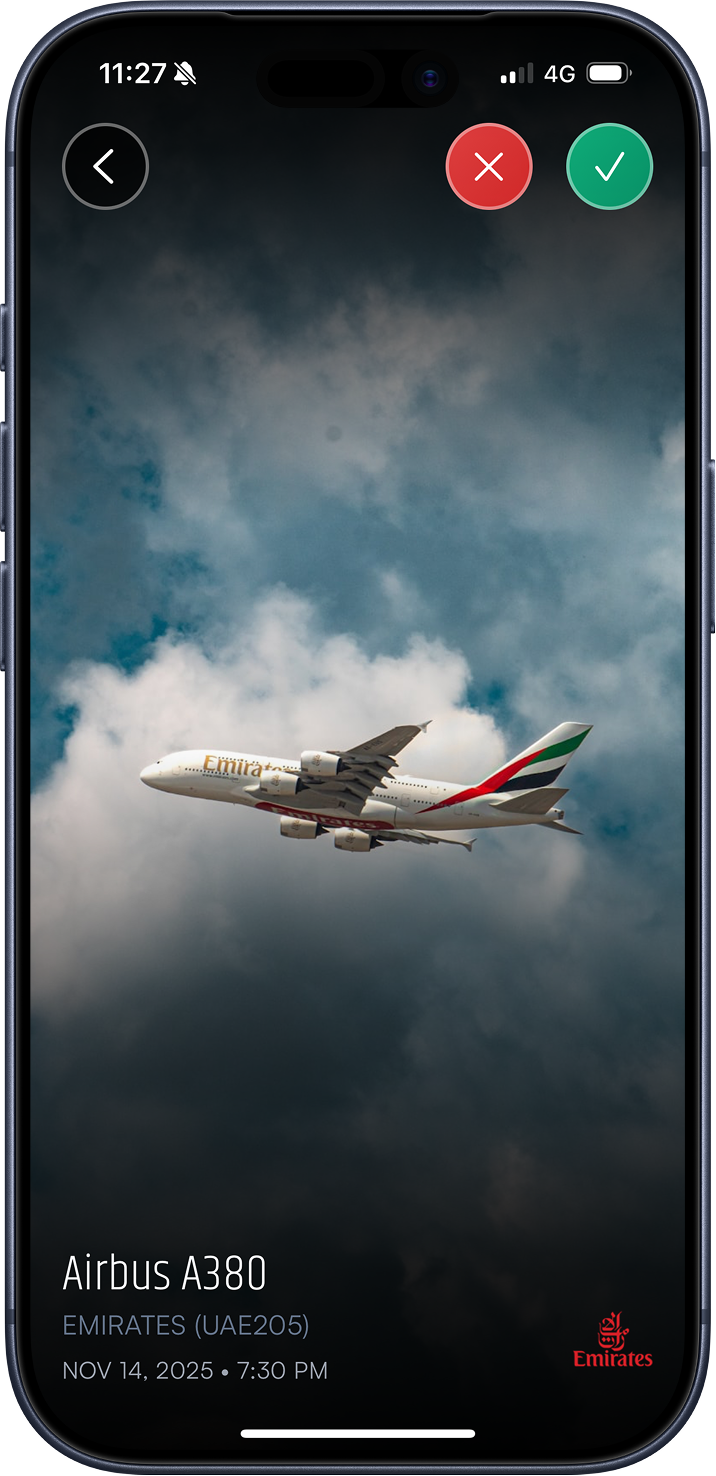 FlightCatcherPro iPhone app screenshot showing aircraft identification and collection interface